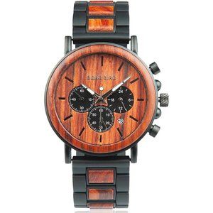 Men’s Wood & Stainless Steel Watch with Analog Watches with Gift Box-Red